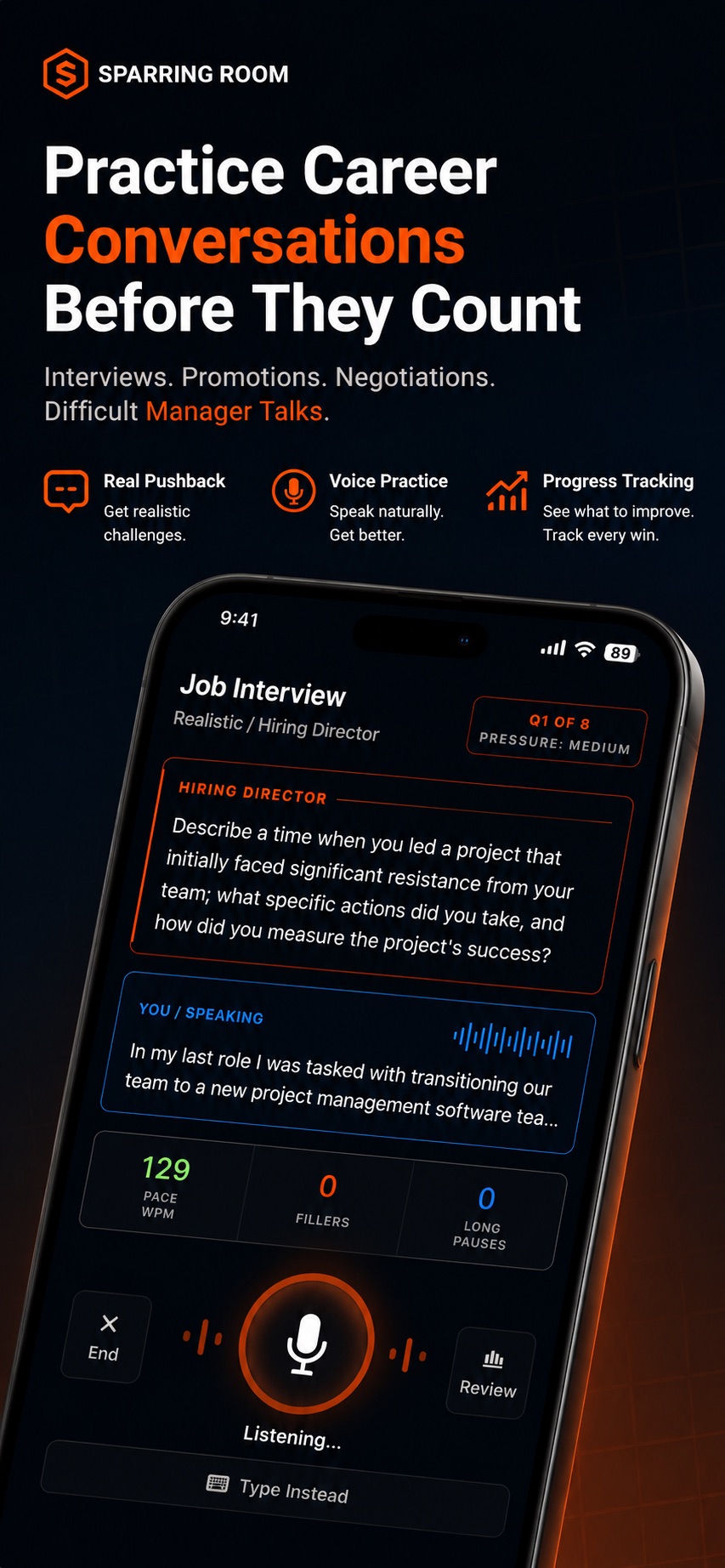 Sparring Room App Store preview showing career conversation practice