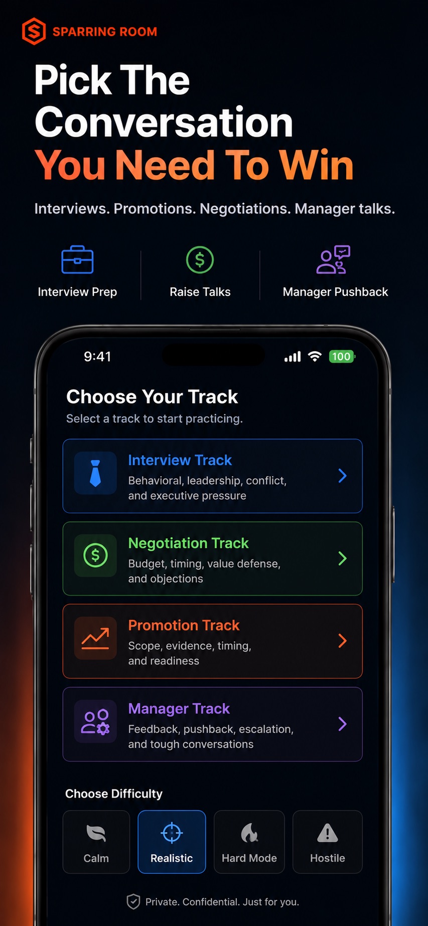 Sparring Room track picker for interviews, negotiations, promotions, and manager conversations