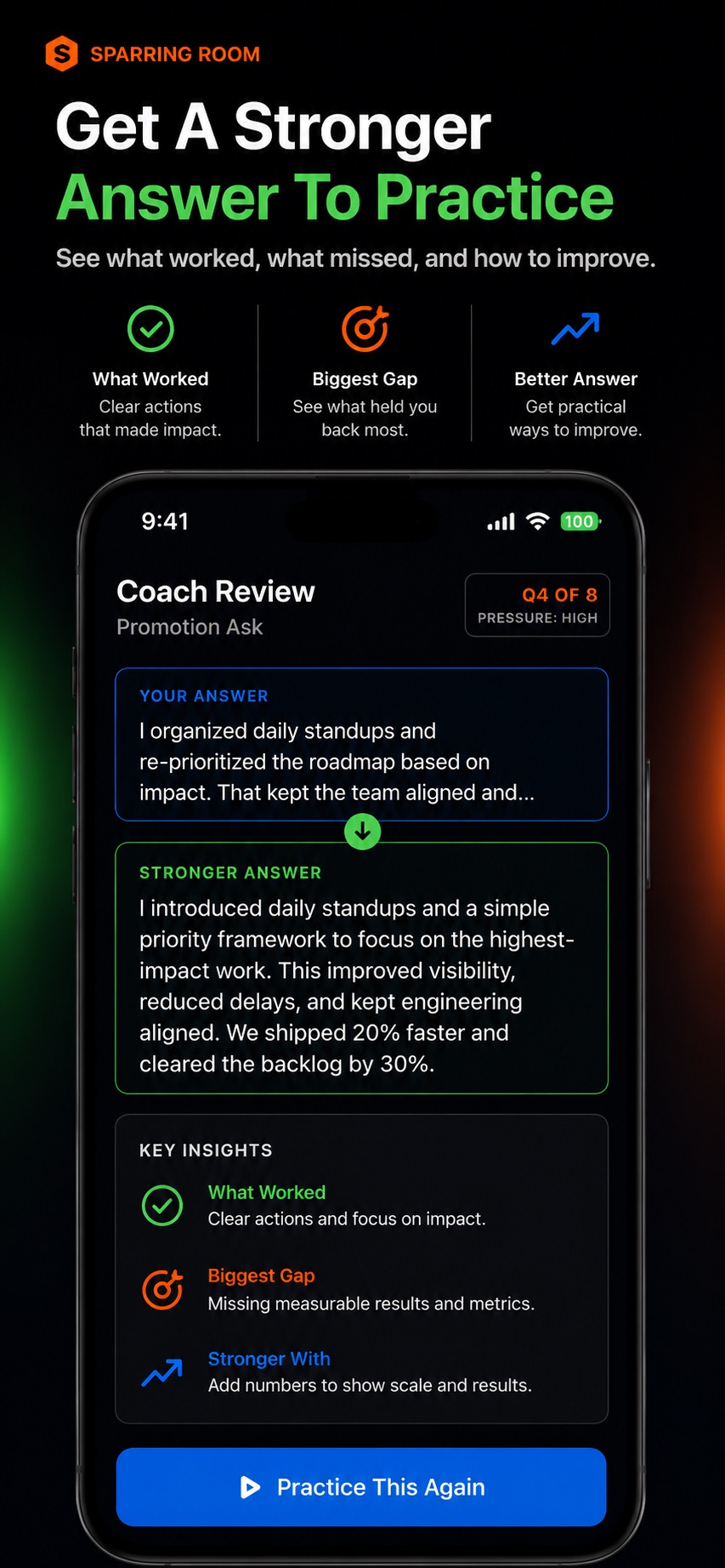 Sparring Room review showing user answer, stronger answer rewrite, and key insights